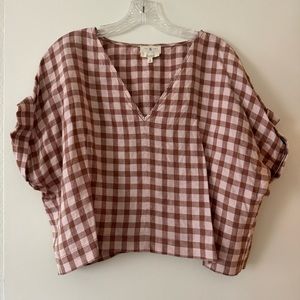 Lou & Grey Gingham Linen V-Neck Tee, Size Large